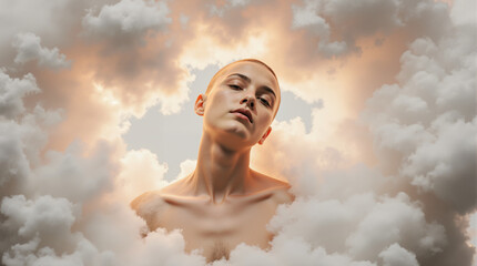 Ethereal portrait of an androgynous person with a shaved head emerging from clouds. Surreal spiritual concept of mindfulness and self-awareness.