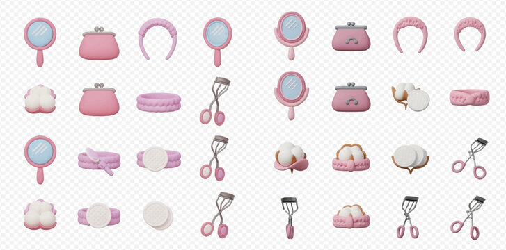 A collection of cute 3D rendered pink beauty and personal care items including mirrors, purses, headbands, eyelash curlers, and cotton.