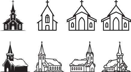 Fototapeta premium A collection of black and white church icons with varying styles and angles.