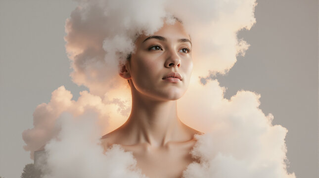 Surreal portrait of a woman with her head in the clouds. Imagination and dream concept. Mental health and mindfulness metaphor.