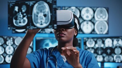 African American doctor using VR headset to analyze brain scans in a futuristic medical setting. - Powered by Adobe
