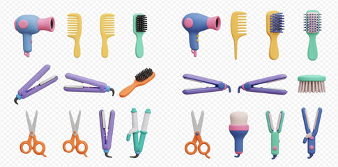 A collection of colorful 3D rendered hair styling and grooming tools, including dryers, combs, brushes, straighteners, curling irons, and scissors.