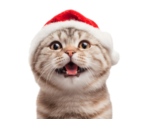 Excited Christmas Cat in Santa Hat isolated on transparent background