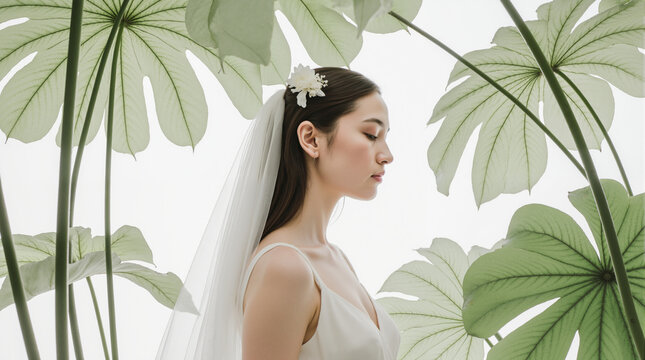 A profile portrait of an elegant Asian bride surrounded by large green leaves. Natural wedding beauty with botanical elements. Minimalist and gentle aesthetic.