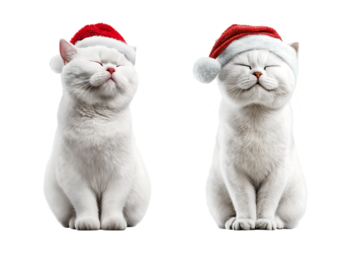 Happy White Cat Wearing Santa Hat isolated on transparent background for Christmas