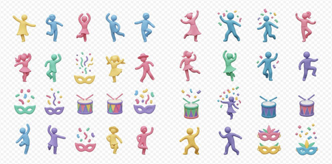 Collection of colorful dancing people, carnival masks, and drums with confetti for celebration and festive events.