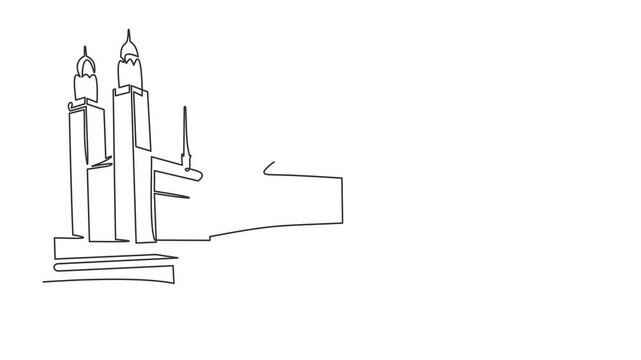 Animated self drawing of continuous line draw of Beautiful view of the historic center of Zurich with the famous church. Switzerland. Full length one line animation. 4K