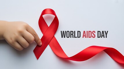 Child hand holding red ribbon isolated on white background for world aids day