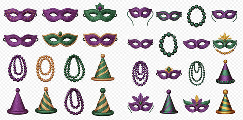 A collection of Mardi Gras celebration items including festive masks, colorful beaded necklaces, and striped party hats in purple, green, and gold.
