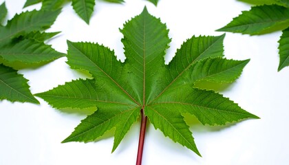 Bright Green Ricinus Communis Leaf on White Background.