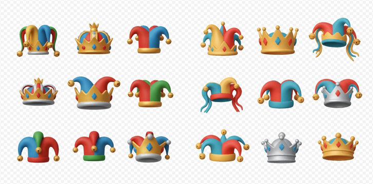 A collection of 3D rendered jester hats and royal crowns in various colors and styles, featuring bells and jewels.