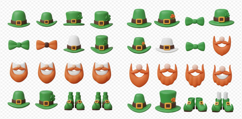 A collection of 3D rendered St. Patrick's Day elements including green leprechaun hats, bow ties, orange beards, and green boots on a transparent background.