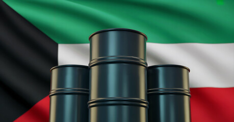 Three barrels of oil 3D against the background of the Kuwaiti flag