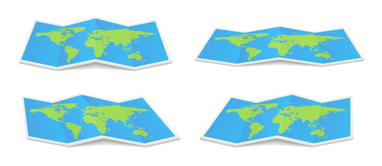 Collection of geography maps. Full big foldable world map with perspective view. Fold paper leaflet of topography map. GPS navigation icon sig. Vector illustration