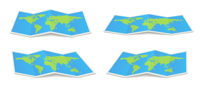 Collection of geography maps. Full big foldable world map with perspective view. Fold paper leaflet of topography map. GPS navigation icon sig. Vector illustration
