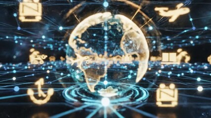 Digital globe network with interconnected transportation, logistics, communication, and technology icons illustrating futuristic digital connection, shipping, and travel innovation through global - Powered by Adobe