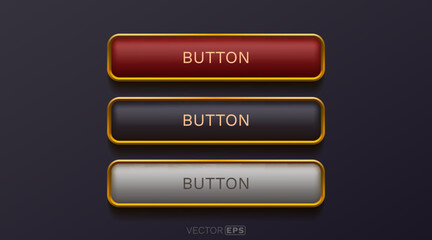 Set of three glossy 3D web buttons with golden borders.