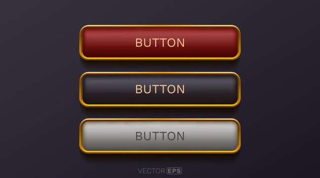 Set of three glossy 3D web buttons with golden borders.