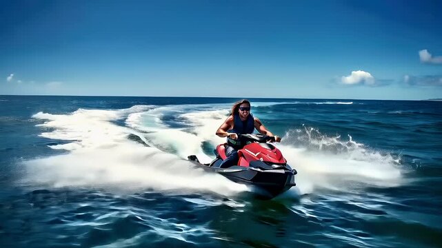 A man riding a red and black jet ski on a body of water.