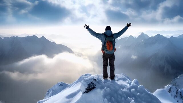 A person stands atop a snowcovered mountain peak, arms outstretched, against a backdrop of a vast expanse of clouds and mountains. The sky is a mix of blue and white.