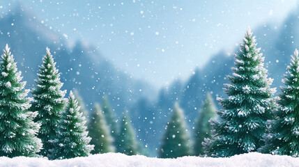 Christmas banner with snowy pine trees and falling snowflakes creating festive winter forest scene full of holiday spirit and calm beauty