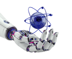Futuristic Robot Hand Holding a Glowing Atomic Structure isolated on transparent background
