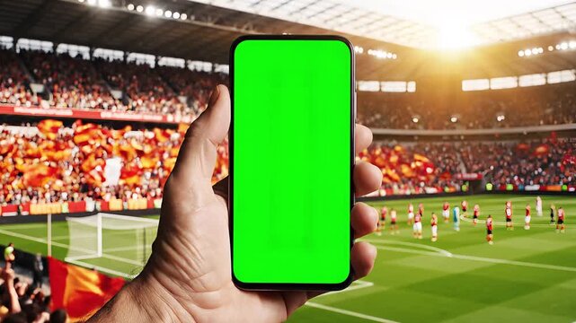 Smartphone with Green Screen at Soccer Match in Packed Stadium - Powered by Adobe