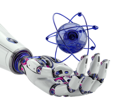 Futuristic Robot Hand Holding a Glowing Atomic Structure isolated on transparent background