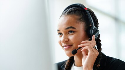 Smiling customer service woman attending a call with headset working in call center.