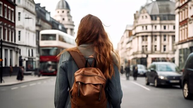 A woman with long, wavy red hair walks down a city street, her back to the camera. She wears a tan leather backpack and a denim jacket, and her long hair flows down her back.
