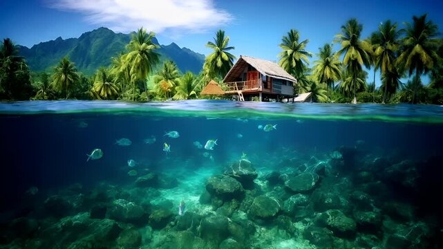 Tahiti bungalows. French Polynesia. Aerial view of tropical landscape with palm trees and mountains under water, showcasing a serene underwater scene with a variety of fish and coral formations.