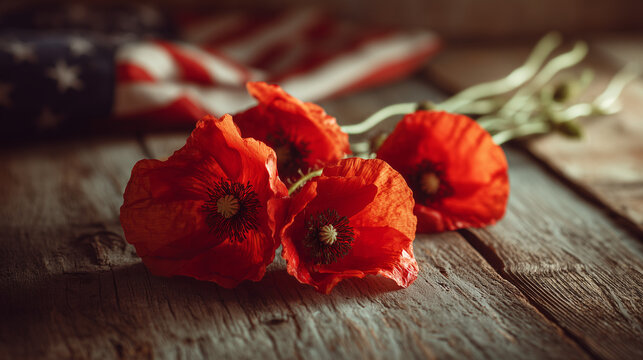 Poppy flowers on wooden table with American flag background, symbolizing Veterans Day  