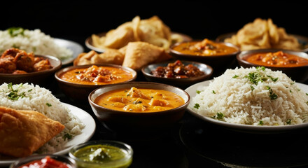 A Vibrant Assortment of Authentic Indian Curries, Rice, and Appetizers on a Dark Background