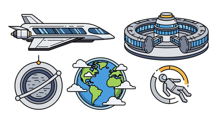 Space tourism and commercial spaceflight vector icons set.