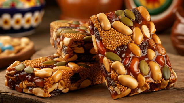 Mexican sweets. Palanqueta (palanqueta) is a candy made from peanuts, amaranth, pumpkin seeds, walnuts and raisins mixed with brown sugar honey.