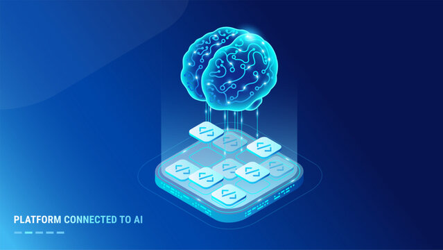 Low-code platform connected to AI concept - abstract isometric futuristic vector illustration