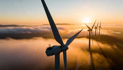 Aerial drone view of wind turbines in foggy landscape at sunset, renewable energy technology and sustainability.