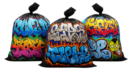 Three colorful graffiti art covered bags hanging against a dark background in a studio setting