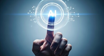 Finger pressing digital AI interface in virtual environment, concept of artificial intelligence, technology and automation.