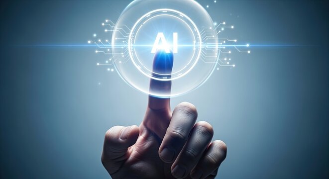 Finger pressing digital AI interface in virtual environment, concept of artificial intelligence, technology and automation.