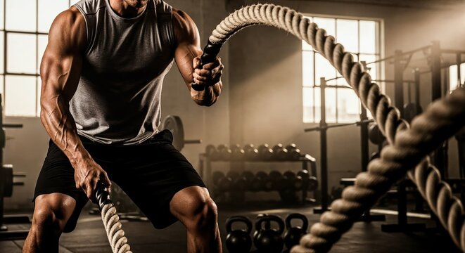 Athletic man training with battle ropes in a gym for strength and endurance workout.