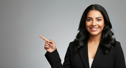 Confident Smiling Indian Young Woman Professional Pointing to Sales Copy Space on Grey Studio Background