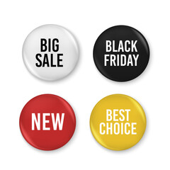glossy sale buttons and badges, vector promotion elements with labels for discount offers, black friday, new, big sale and best choice marketing design.