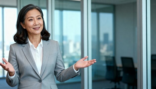 Confident asian businesswoman speaking and explaining ideas to her team in modern boardroom.