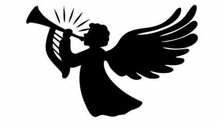 Majestic angel silhouette joyfully plays trumpet announcing celestial tidings with radiant wings extended in a symbolic gesture of peace and hope