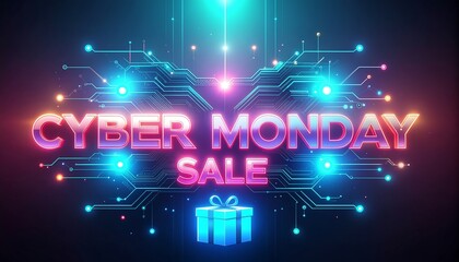 Vibrant Cyber Monday Sale event with glowing neon typography, illuminated gift box, and dynamic digital circuit board background, perfect for online promotions and discount advertising