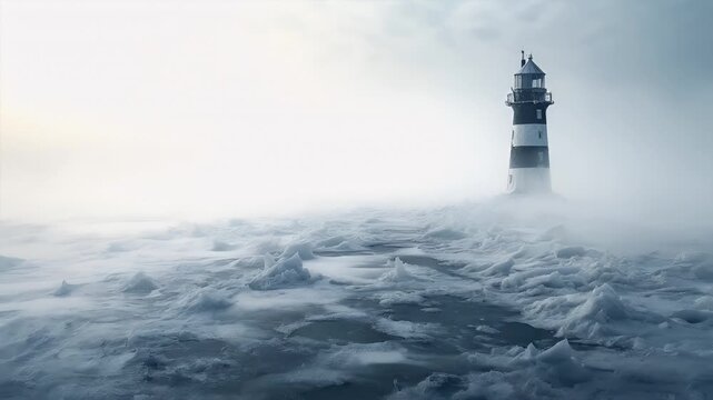 A lighthouse in a misty, icy landscape with a cloudy sky overhead. The lighthouse is white with black and gray accents, and it stands tall against a backdrop of a hazy, overcast sky.