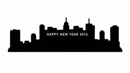 Naklejka premium Celebrate the dawn of a new year with a dynamic city skyline silhouette marking Happy New Year 2016, perfect for festive greetings and modern designs