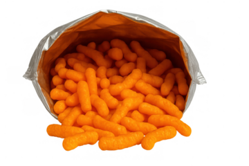 Orange cheesy corn puffs spilling from snack bag, showing unhealthy junk food addiction and snacking choices