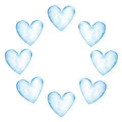 Fototapeta premium Blue heart wreath design for gender reveal party. Round template for baby shower, baptism, boy or girl party. Watercolor illustration. Copy space. Hand drawn. Isolated. For invitation, card